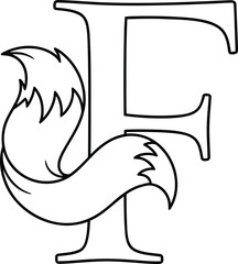 Stylized black outline letter F with a fluffy fox tail wrapped around it alphabet