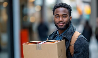 young Black man made redundant, carrying his office belongings in a moving box, highlighting the impact of financial hardship and the realities of job loss in the context, Generative AI