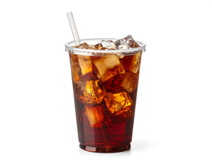 Cold dark soda with ice cubes in a clear disposable plastic cup with a straw, isolated on a white background.