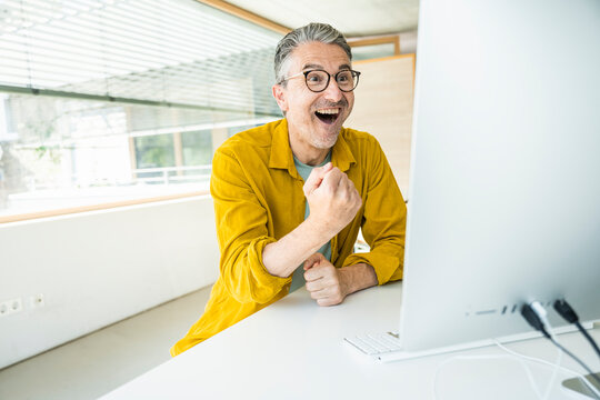 Successful businessman cheering and working on desktop PC