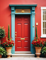 Fototapeta premium Red door adorned with blue lanterns and garland, christmas decorations, holiday lights