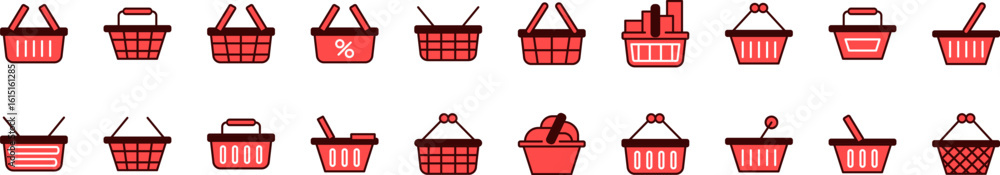 Poster set of filled color icons of shopping basket. minimalistic linear pictogram for web and graphic desi