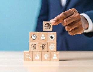 Hand Placing Idea Block on Pyramid of Business Strategy and Growth Icons