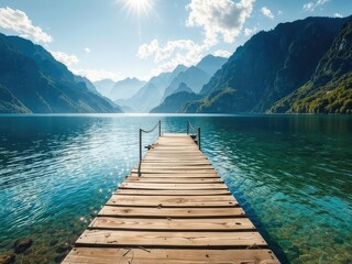 Fototapeta premium Serene Lakeside Pier on Sunny Day with Mountains