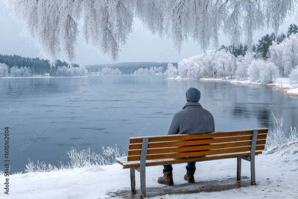 Poster man relaxing on bench enjoying frozen lake view in winter wonderland