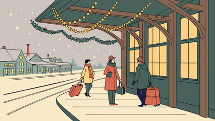 Festive Christmas Eve Train Station Scene with Travelers, Snow, and Holiday Decorations