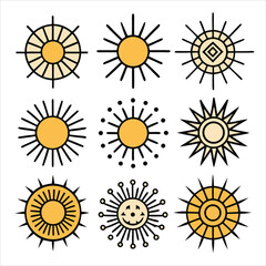 Fototapeta premium Stylized yellow sun illustrations with black outlines and details solar celestial