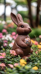 chocolate Easter bunny in a garden, surrounded by colorful Easter eggs, representing the joy of the season and festive traditions. This image captures the essence of springtime, Generative AI