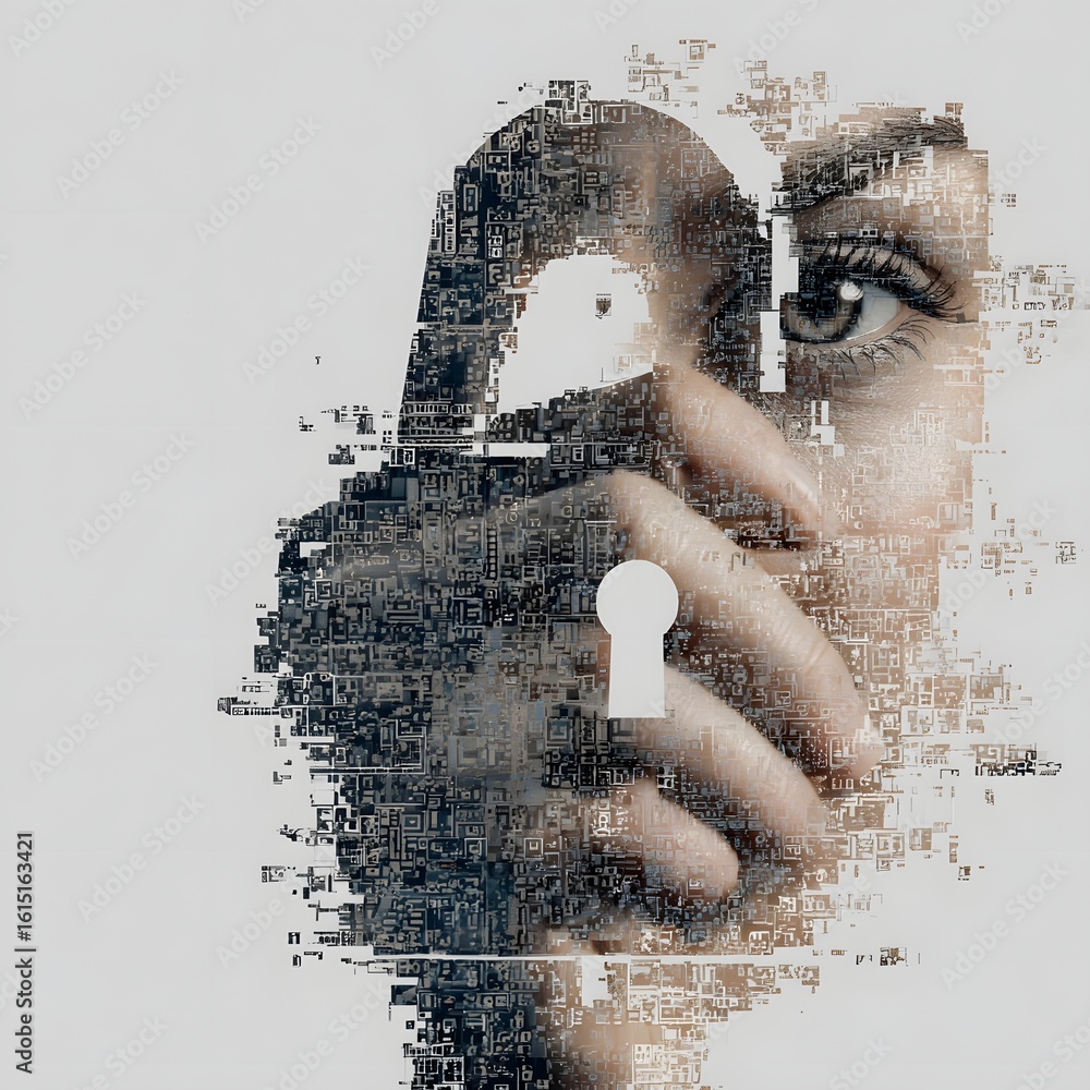 Poster abstract representation of a person holding a lock symbolizing security and privacy with a blurred b