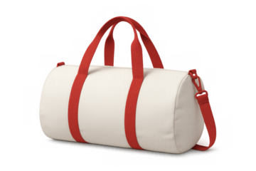 Red-handled sports bag hanging on transparent background, featuring durable shoulder strap for gym, fitness, and travel gear