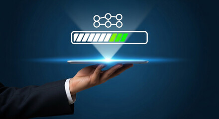 Progress bar on tablet shows data transfer in hand for modern business applications and digital transformation