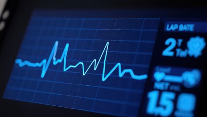 Close up of a blue medical monitor displaying a heart rate graph and lap rate information clearly visible