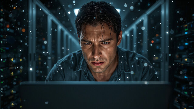 A technician works with a computer in a data center.