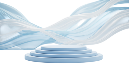 Light blue tiered pedestal with flowing fabric isolated on transparent background