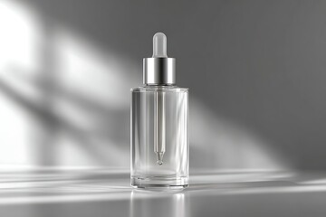 Elegant glass dropper bottle with clear serum and shimmering light, perfect for luxury skincare and beauty product advertising