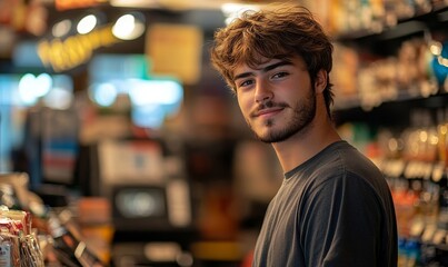 Fototapeta premium Young male cashier shop worker at a small business store during the cost of living financial crisis and inflation, illustrating the economic challenges faced by workers in retail during, Generative AI