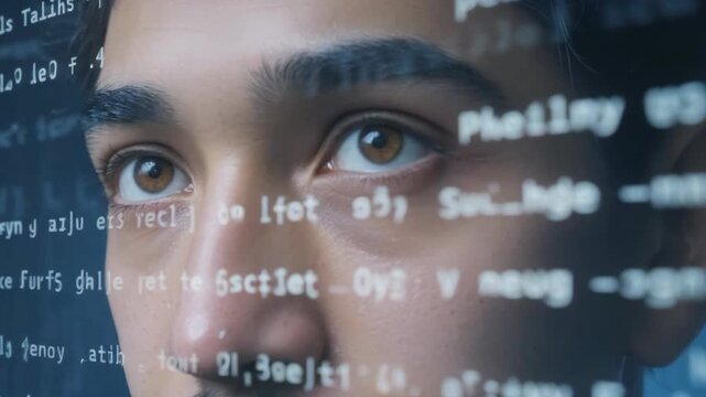 Focused man with brown eye and face looking at digital code on transparent screen using semantic search technology for advanced data analysis