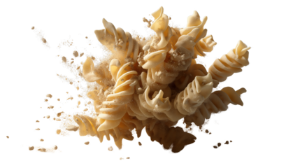 Close-up shot of a swirl pasta with cheese sauce in motion, showcasing the ingredients in a dynamic way. The pasta is coated in creamy sauce