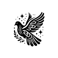 Peaceful dove flying with an olive branch, hopeful symbol