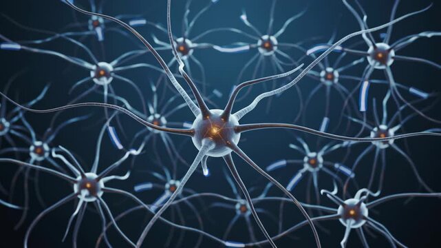Neurons with glowing synapses and axons create complex brain network connections for semantic search biology science and neural communication research