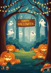Whimsical halloween forest scene with friendly ghosts and jack o lanterns