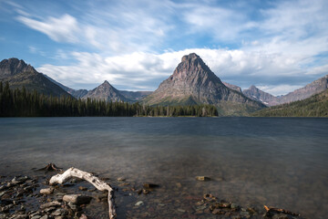 A scenic view of a lake surrounded by mountains and trees, with a piece of driftwood in the foreground.