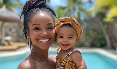 African American mother and baby smiling on vacation, showcasing the importance of family bonding and relaxation during vacation time, promoting diversity and inclusivity in family, Generative AI