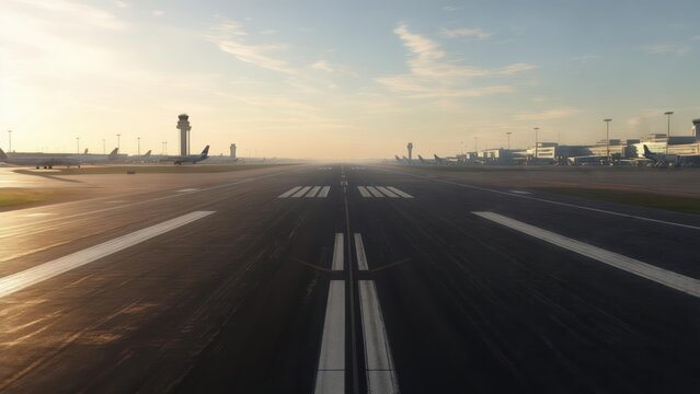 Empty airport runway at sunrise