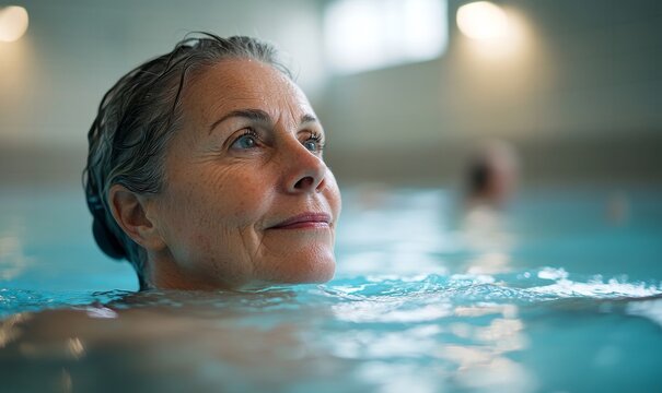 Candid senior woman doing aqua aerobic exercise in a swimming pool to stay fit and healthy, showcasing an active lifestyle for older adults while promoting wellness and mental health, Generative AI