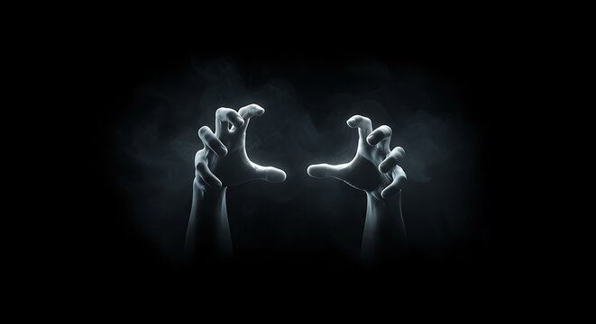 hands reaching out in the darkness. ghostly hands emerging from darkness with foggy background, horror concept. 
