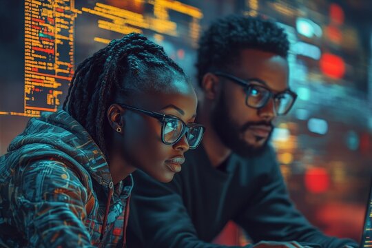 AI cybersecurity concept, featuring a diverse IT specialist team analysing artificial intelligence online risk threats to consumer data. The image showcases African male and female, Generative AI