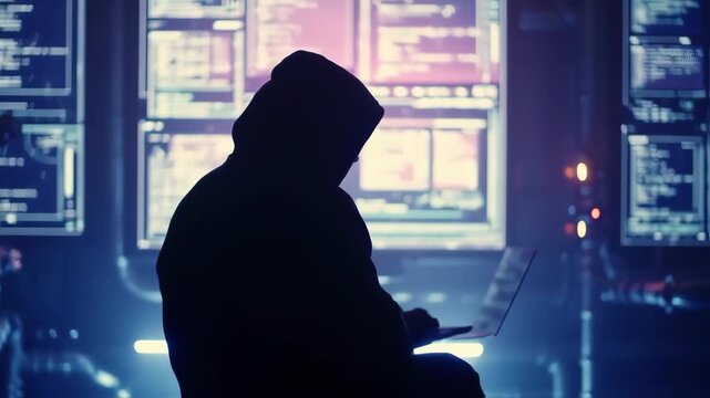 A Hacker or Programmer Working on Computers in a Dark Room with a Futuristic Aesthetic.