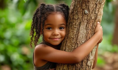Young Black African American child hugging a tree and living sustainably. A "tree hugger" on Earth Day, showing the next generation's commitment to environmental care and protection, Generative AI