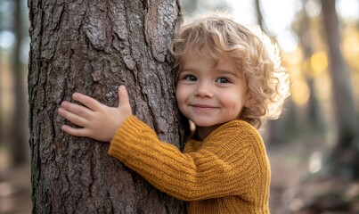 Young child hugging a tree celebrating Earth Day, demonstrating a hands-on approach to environmental education and the importance of sustainability for future generations, Generative AI