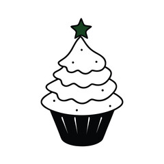 christmas tree cupcake with green frosting on white background 