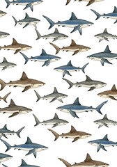 Fototapeta premium Seamless pattern of various sharks swimming in the ocean