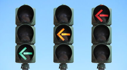 Sequence of a traffic light with left turn arrow: green, yellow and red light. Set of traffic...