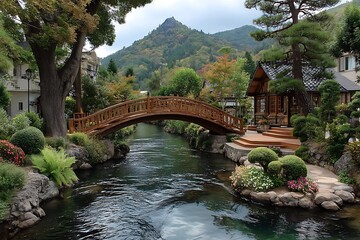 Wooden garden bridge over peaceful floral stream high resolution image
