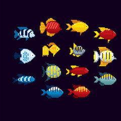 Tropical fish. Aquarium fish. Pixel art icon set. 