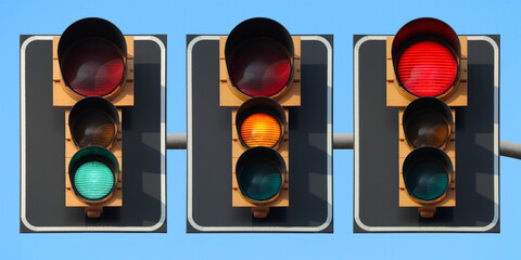 Traffic light sequence: green, yellow and red light, with back plate and bigger red light with the...