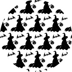 Witch Silhouette on broom with Halloween jack lantern and bat Halloween Pattern on circle Backdrop