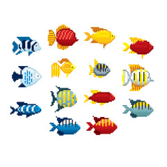 Tropical fish. Aquarium fish. Pixel art icon set. 