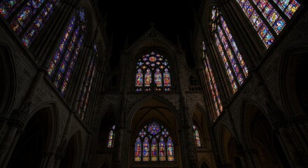 Intricate stained glass illuminates the grand cathedral's gothic architecture and arches