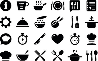 A collection of black and white cooking icons representing various kitchen tools and equipment items