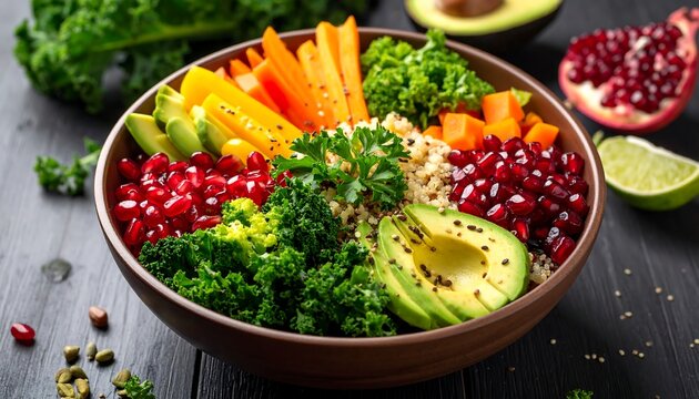 Vibrant quinoa bowl with assorted vegetables and pomegranate seeds