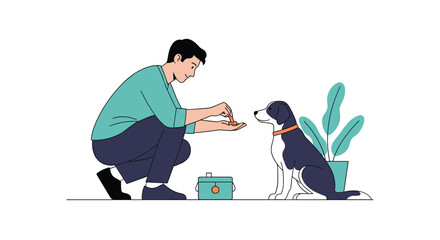 Man training a dog with treats near a potted plant on a white background creating a positive learning environment