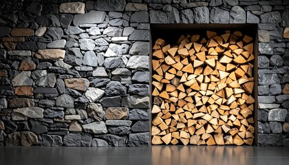 Stone wall with a built-in wood storage niche