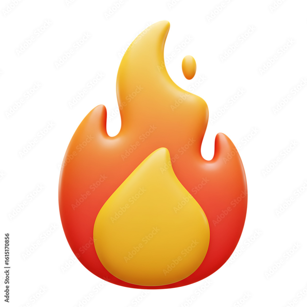 Poster stylized 3d fire icon with smooth glossy texture isolated on transparent background