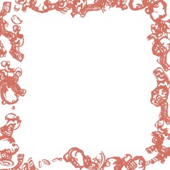 A stylized frame with intricate illustrated elements in shades of orange, forming a square border around an empty space