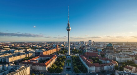 Fototapeta premium Panoramic view of Berlin cityscape with the iconic Television Tower at dawn splendor